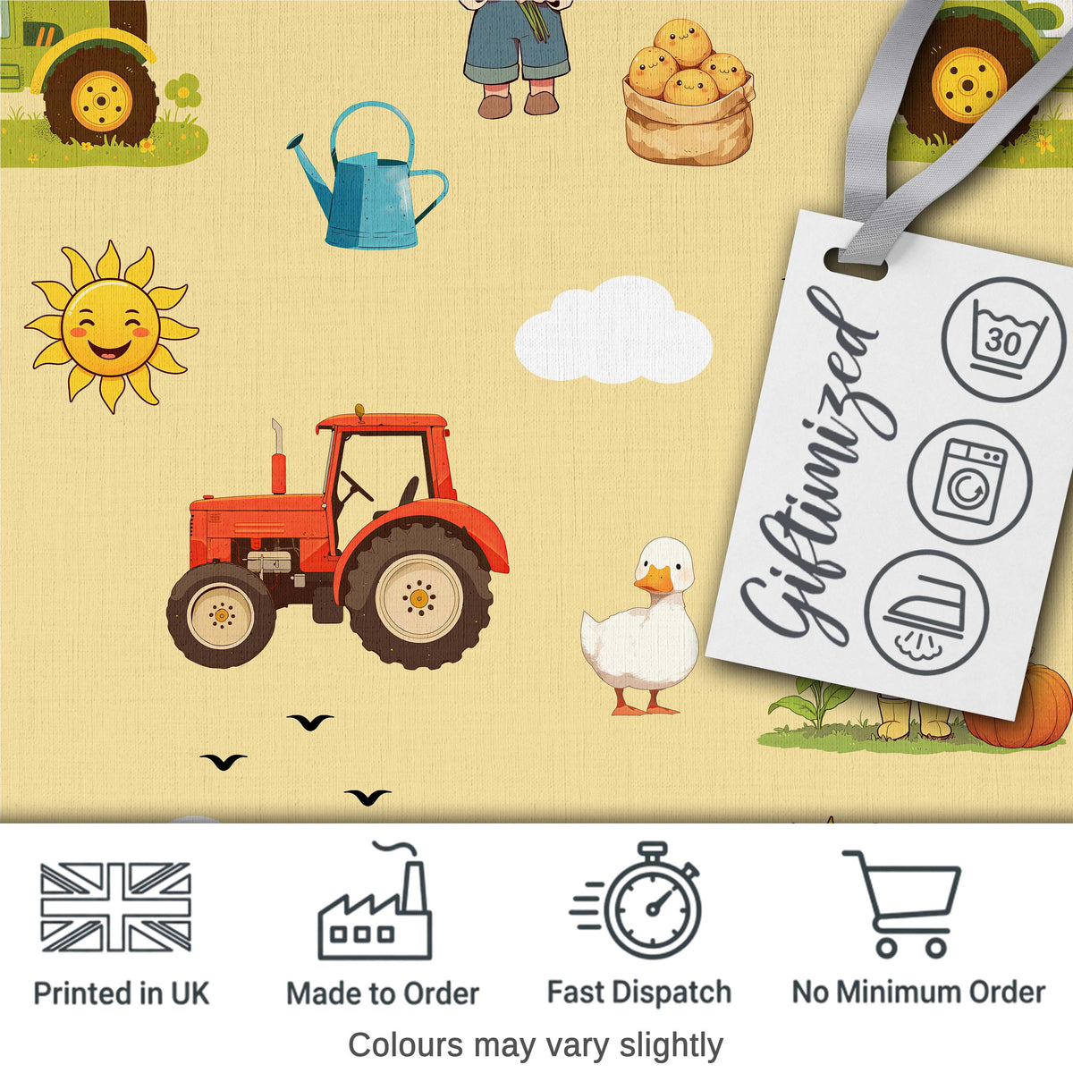 Cute Farm Tractor Duck Girl with Clouds Beige Background Seamless Pattern Digital Print Fabric by the Metre UK Sewing Quilting Textile