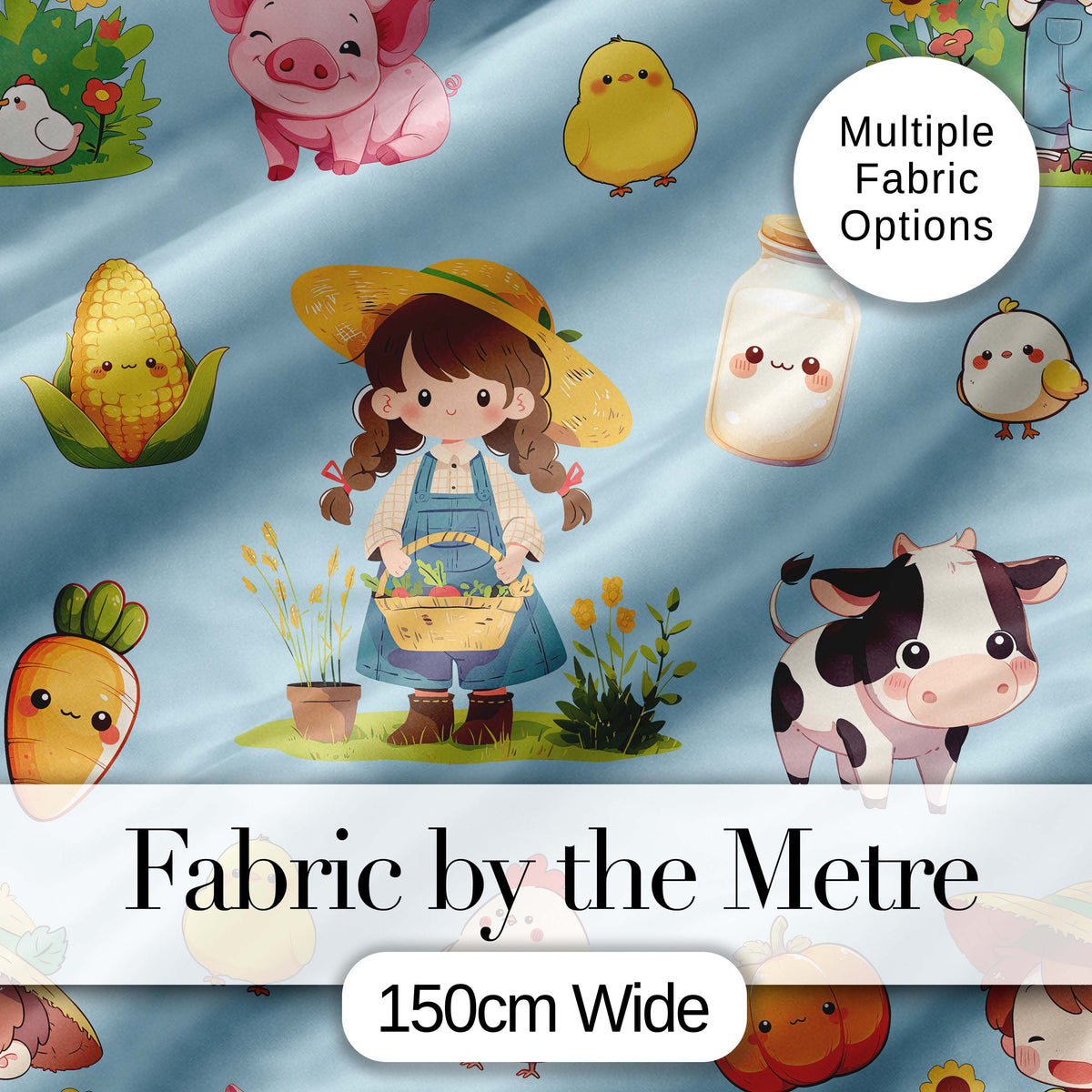 Cute Farm Animals Girl Pig Cow Chicken Blue Background Seamless Pattern Digital Print Fabric by the Metre UK Sewing Quilting Textile