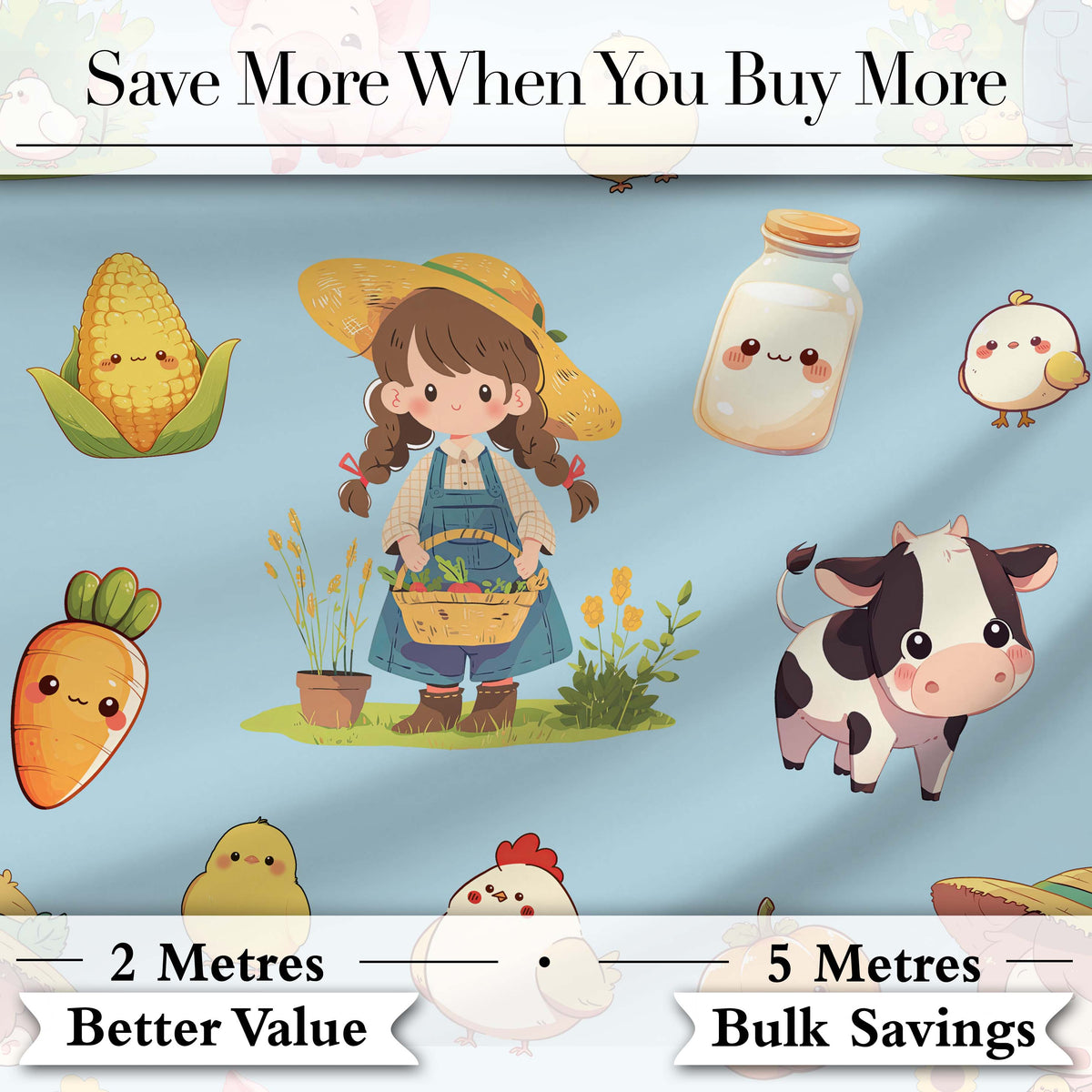 Cute Farm Animals Girl Pig Cow Chicken Blue Background Seamless Pattern Digital Print Fabric by the Metre UK Sewing Quilting Textile