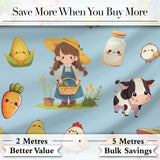 Cute Farm Animals Girl Pig Cow Chicken Blue Background Seamless Pattern Digital Print Fabric by the Metre UK Sewing Quilting Textile