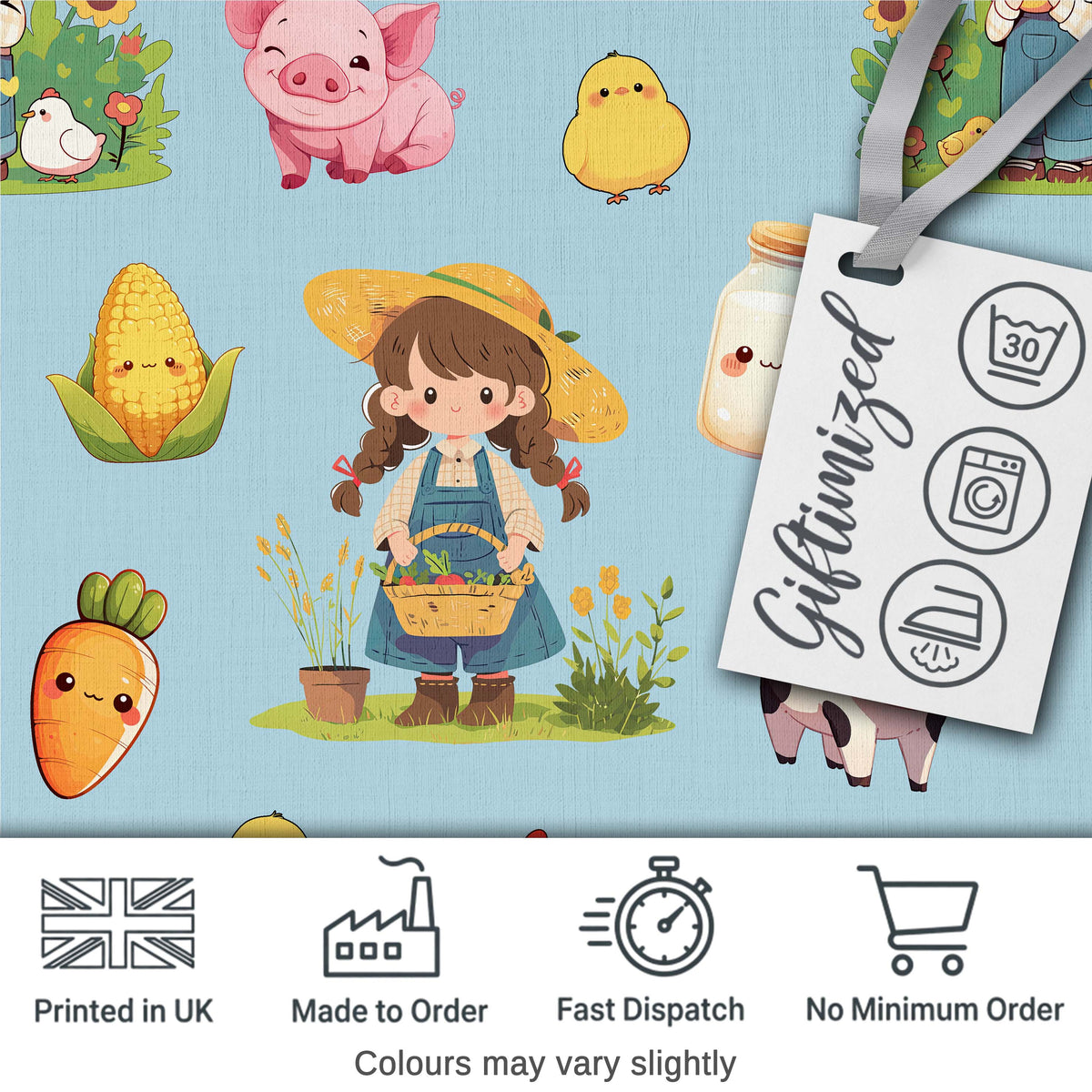Cute Farm Animals Girl Pig Cow Chicken Blue Background Seamless Pattern Digital Print Fabric by the Metre UK Sewing Quilting Textile