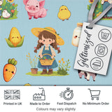 Cute Farm Animals Girl Pig Cow Chicken Blue Background Seamless Pattern Digital Print Fabric by the Metre UK Sewing Quilting Textile