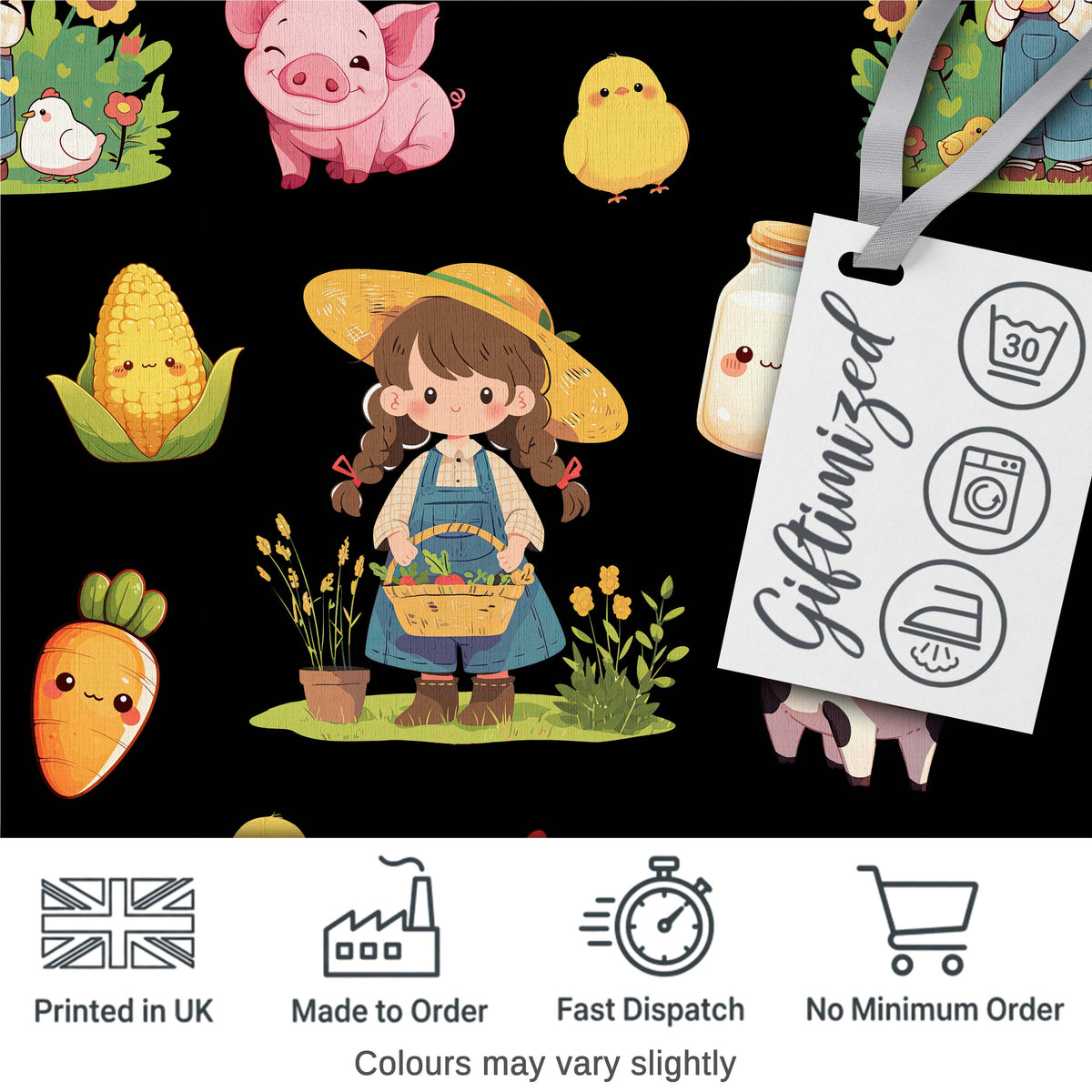 Cute Farm Animals Girl Pig Cow Chicken Black Background Seamless Pattern Digital Print Fabric by the Metre UK Sewing Quilting Textile