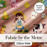 Cute Farm Animals Girl Pig Cow Chicken Peach Background Seamless Pattern Digital Print Fabric by the Metre UK Sewing Quilting Textile