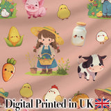 Cute Farm Animals Girl Pig Cow Chicken Peach Background Seamless Pattern Digital Print Fabric by the Metre UK Sewing Quilting Textile