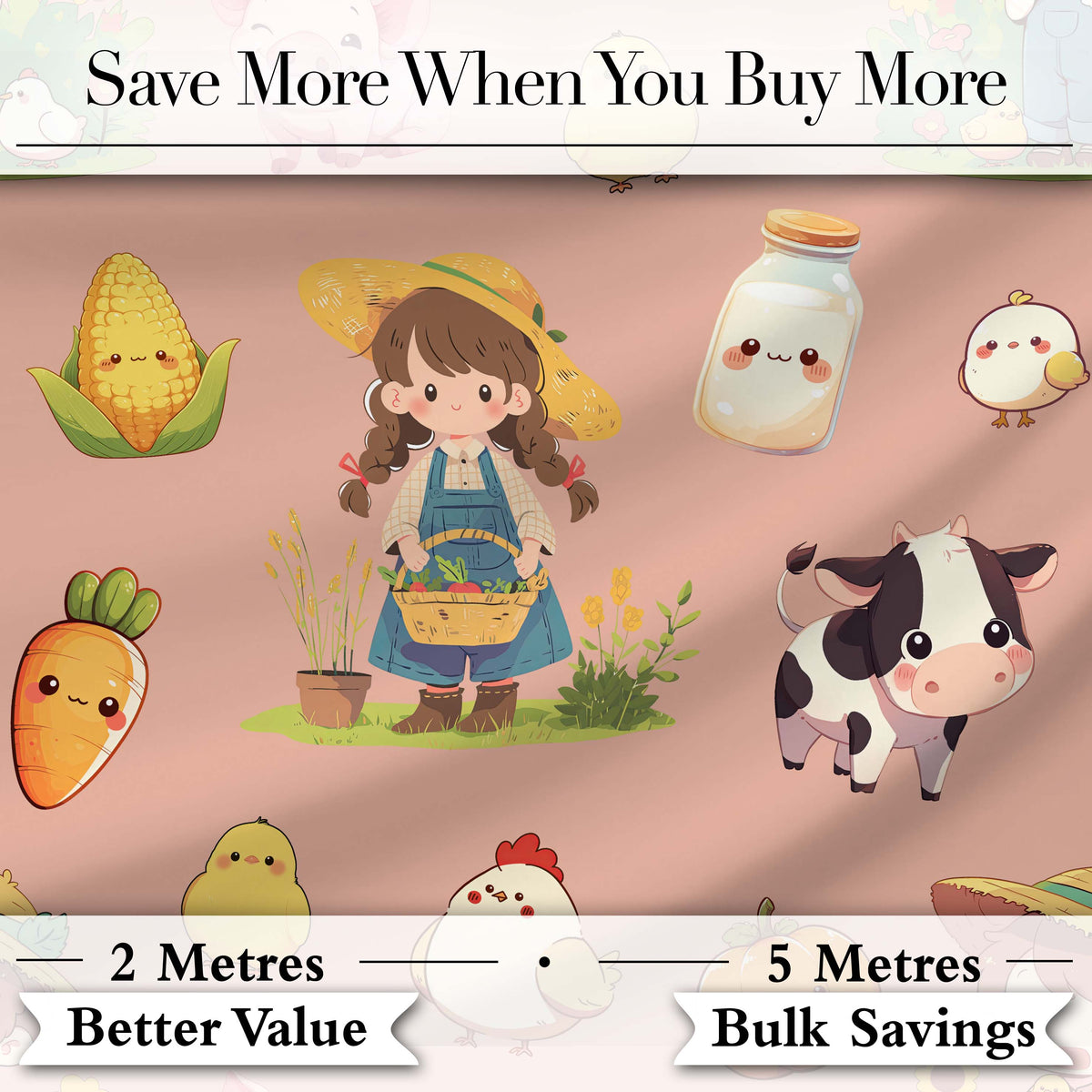 Cute Farm Animals Girl Pig Cow Chicken Peach Background Seamless Pattern Digital Print Fabric by the Metre UK Sewing Quilting Textile