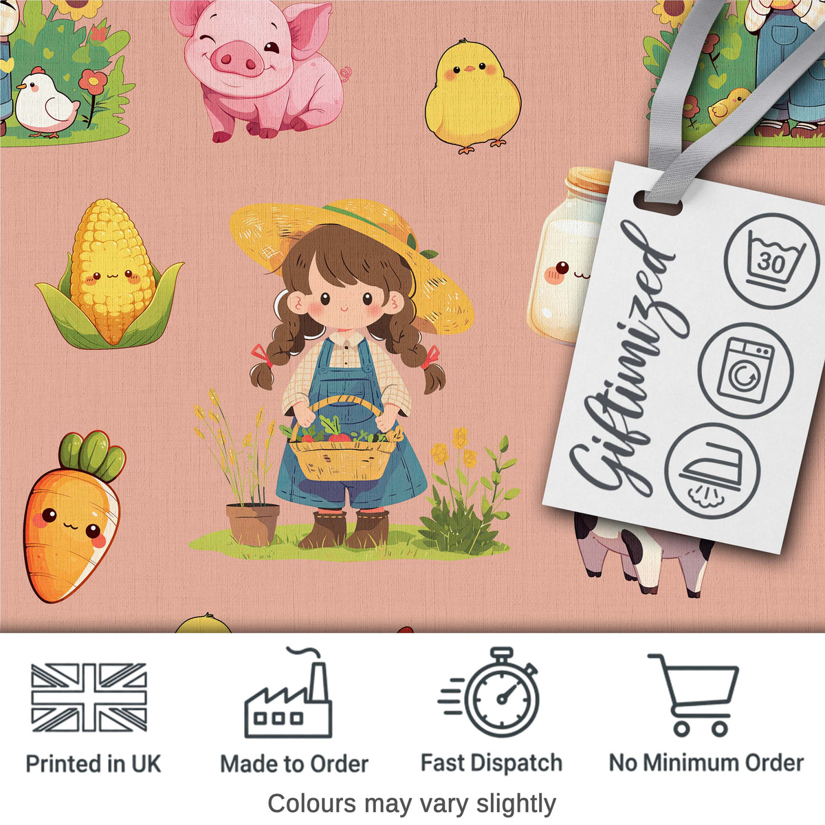 Cute Farm Animals Girl Pig Cow Chicken Peach Background Seamless Pattern Digital Print Fabric by the Metre UK Sewing Quilting Textile