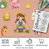 Cute Farm Animals Girl Pig Cow Chicken Peach Background Seamless Pattern Digital Print Fabric by the Metre UK Sewing Quilting Textile