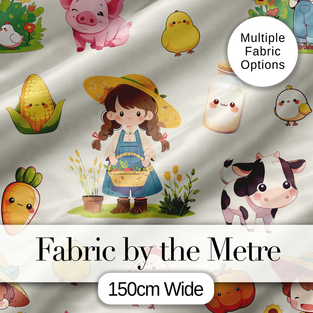 Cute Farm Animals Girl Pig Cow Chicken Cream Background Seamless Pattern Digital Print Fabric by the Metre UK Sewing Quilting Textile