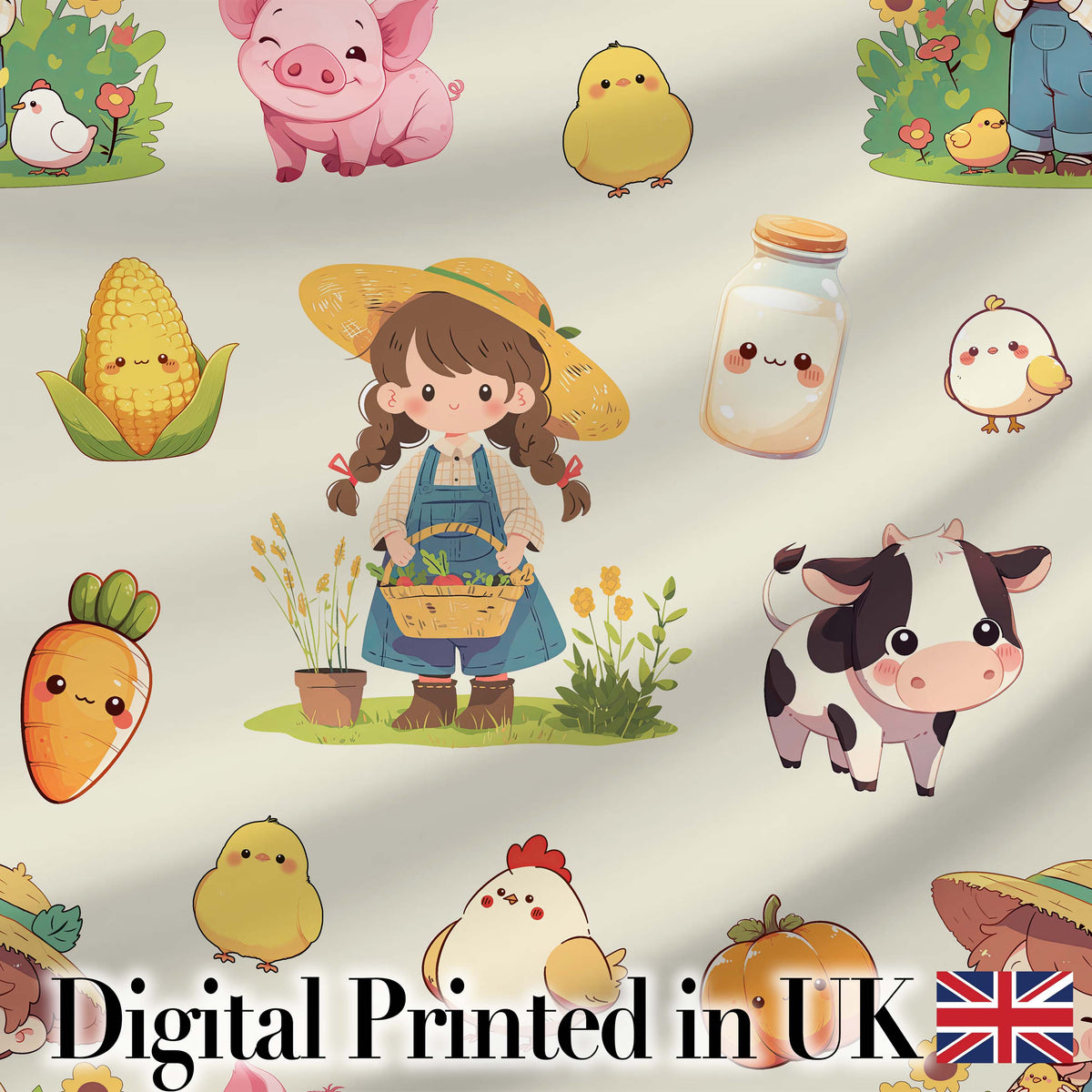 Cute Farm Animals Girl Pig Cow Chicken Cream Background Seamless Pattern Digital Print Fabric by the Metre UK Sewing Quilting Textile