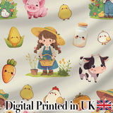Cute Farm Animals Girl Pig Cow Chicken Cream Background Seamless Pattern Digital Print Fabric by the Metre UK Sewing Quilting Textile