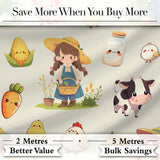 Cute Farm Animals Girl Pig Cow Chicken Cream Background Seamless Pattern Digital Print Fabric by the Metre UK Sewing Quilting Textile