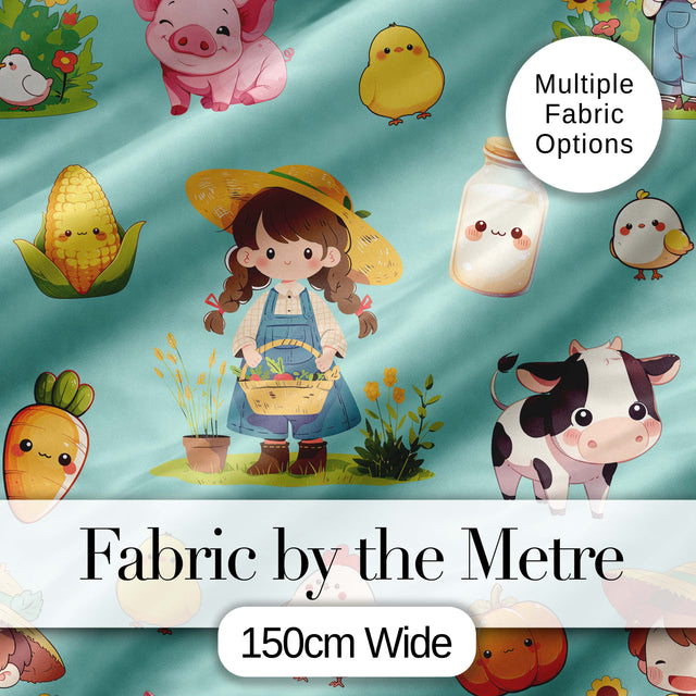 Cute Farm Animals Girl Pig Cow Chicken Mint Green Background Seamless Pattern Digital Print Fabric by the Metre UK Sewing Quilting Textile
