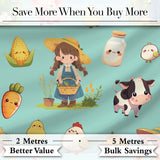 Cute Farm Animals Girl Pig Cow Chicken Mint Green Background Seamless Pattern Digital Print Fabric by the Metre UK Sewing Quilting Textile