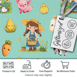 Cute Farm Animals Girl Pig Cow Chicken Mint Green Background Seamless Pattern Digital Print Fabric by the Metre UK Sewing Quilting Textile