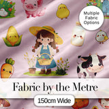 Cute Farm Animals Girl Pig Cow Chicken Soft Pink Background Seamless Pattern Digital Print Fabric by the Metre UK Sewing Quilting Textile