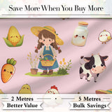 Cute Farm Animals Girl Pig Cow Chicken Soft Pink Background Seamless Pattern Digital Print Fabric by the Metre UK Sewing Quilting Textile