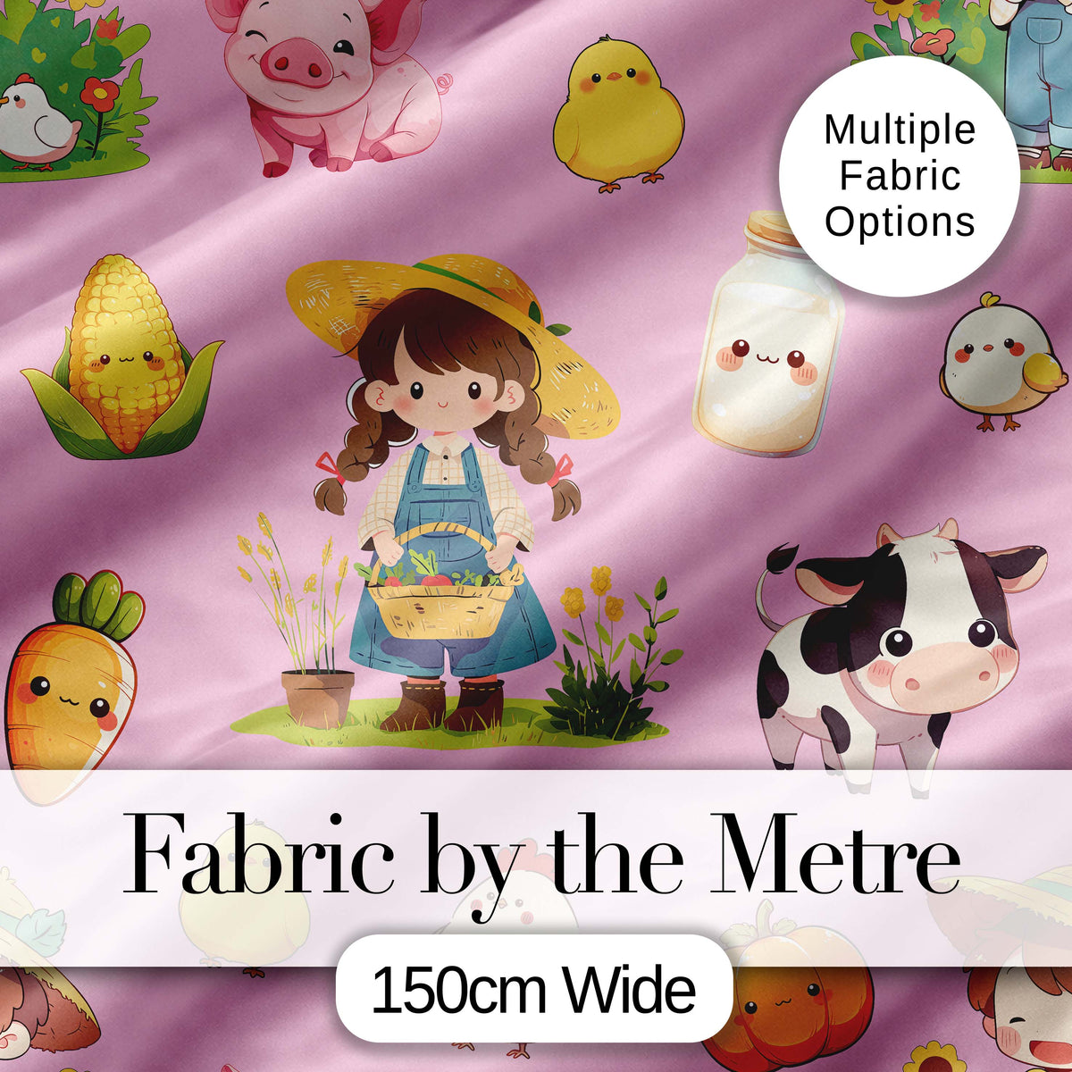 Cute Farm Girl Pig Cow Chicken Corn Milk Pink Background Seamless Pattern Digital Print Fabric by the Metre UK Sewing Quilting Textile