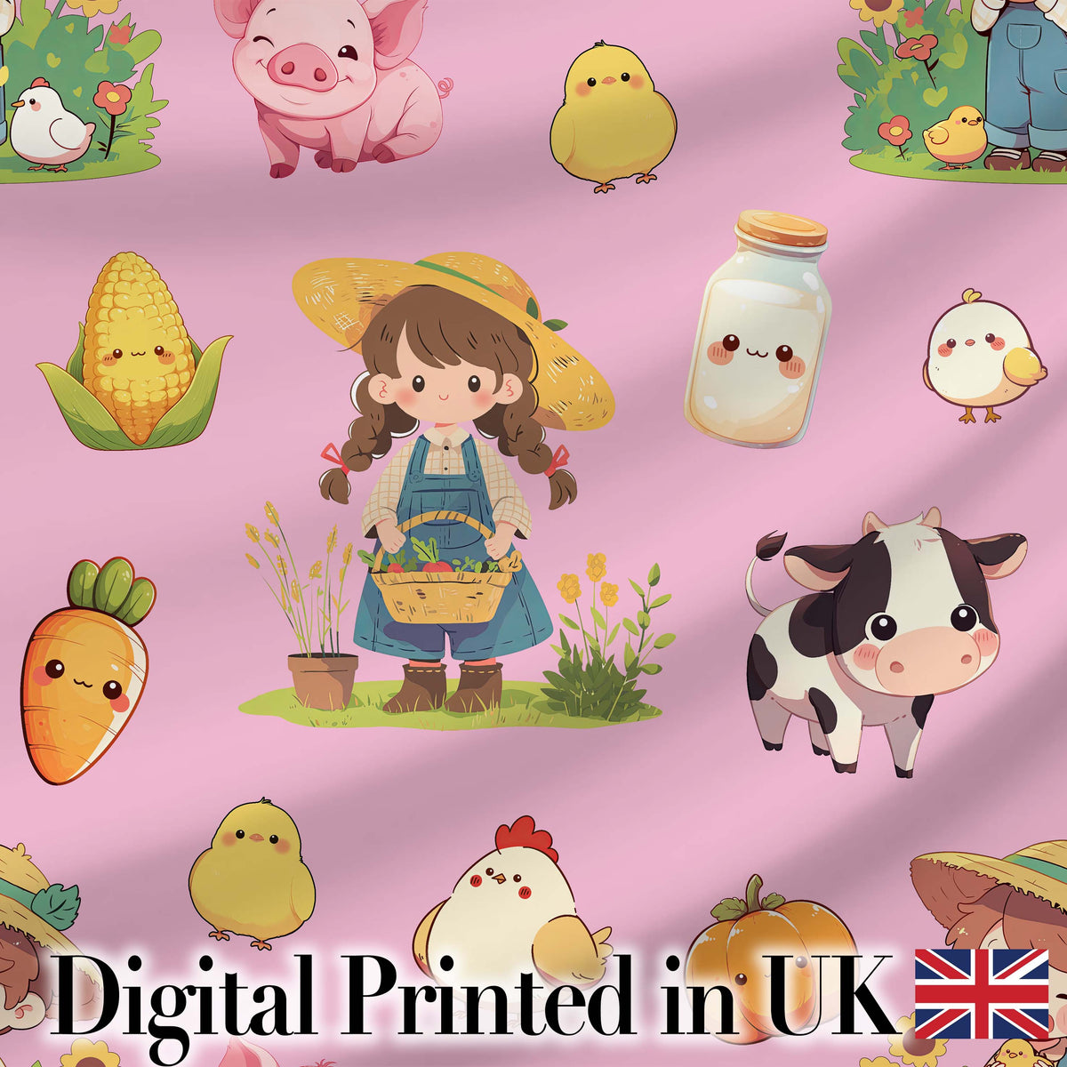 Cute Farm Girl Pig Cow Chicken Corn Milk Pink Background Seamless Pattern Digital Print Fabric by the Metre UK Sewing Quilting Textile