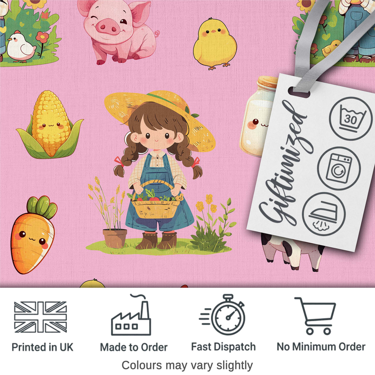 Cute Farm Girl Pig Cow Chicken Corn Milk Pink Background Seamless Pattern Digital Print Fabric by the Metre UK Sewing Quilting Textile