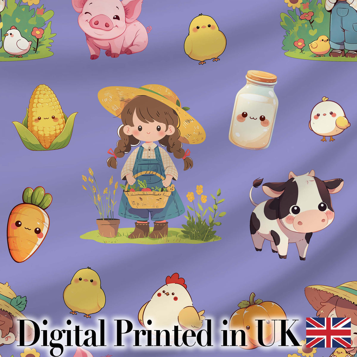 Cute Farm Girl Pig Cow Chicken Corn Milk Purple Background Seamless Pattern Digital Print Fabric by the Metre UK Sewing Quilting Textile