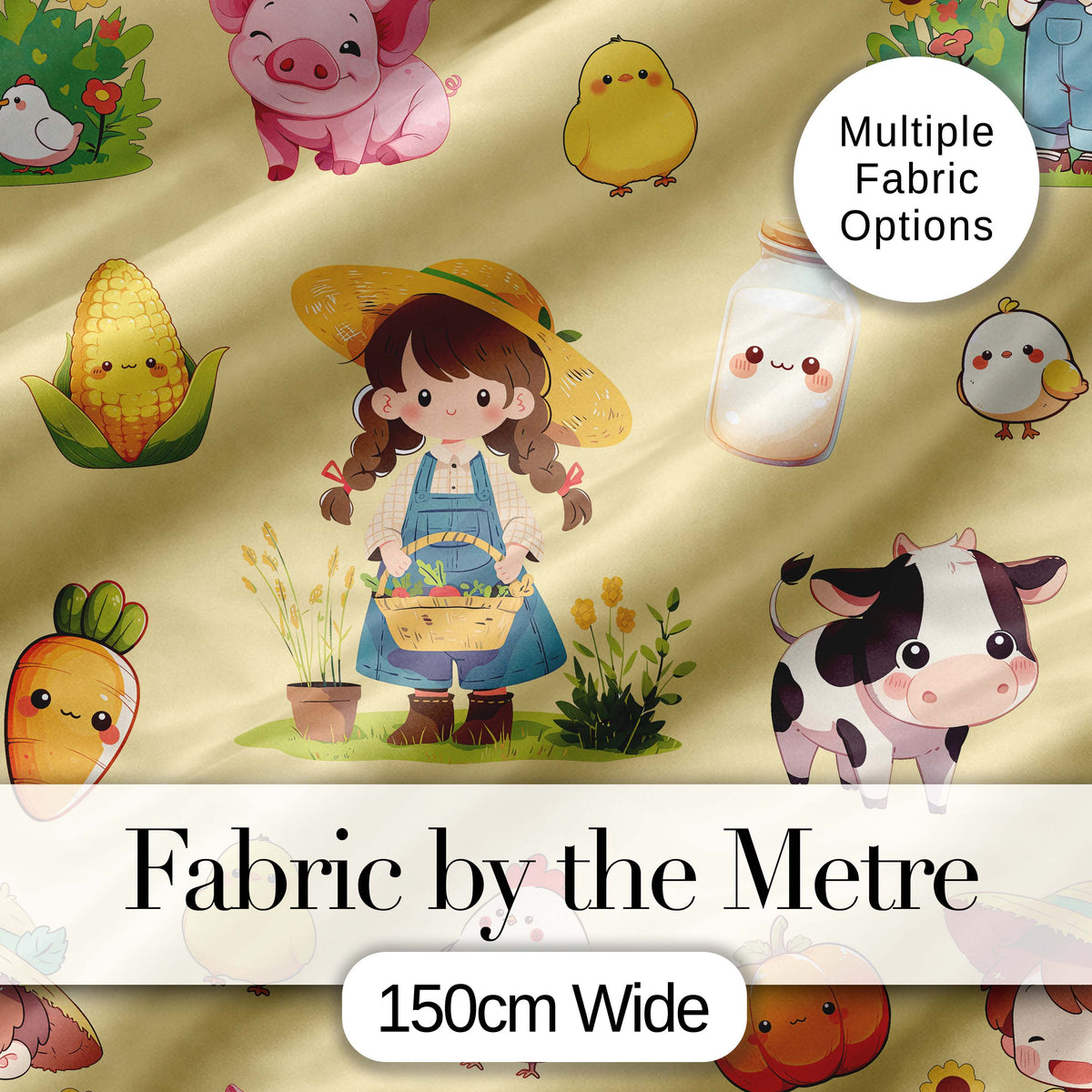 Cute Farm Girl Pig Cow Chicken Corn Milk Yellow Background Seamless Pattern Digital Print Fabric by the Metre UK Sewing Quilting Textile