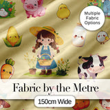 Cute Farm Girl Pig Cow Chicken Corn Milk Yellow Background Seamless Pattern Digital Print Fabric by the Metre UK Sewing Quilting Textile