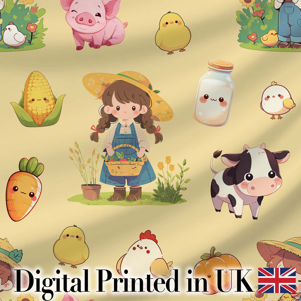 Cute Farm Girl Pig Cow Chicken Corn Milk Yellow Background Seamless Pattern Digital Print Fabric by the Metre UK Sewing Quilting Textile