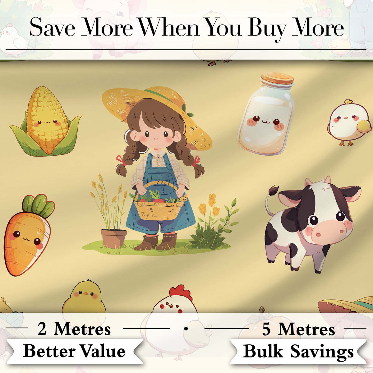 Cute Farm Girl Pig Cow Chicken Corn Milk Yellow Background Seamless Pattern Digital Print Fabric by the Metre UK Sewing Quilting Textile