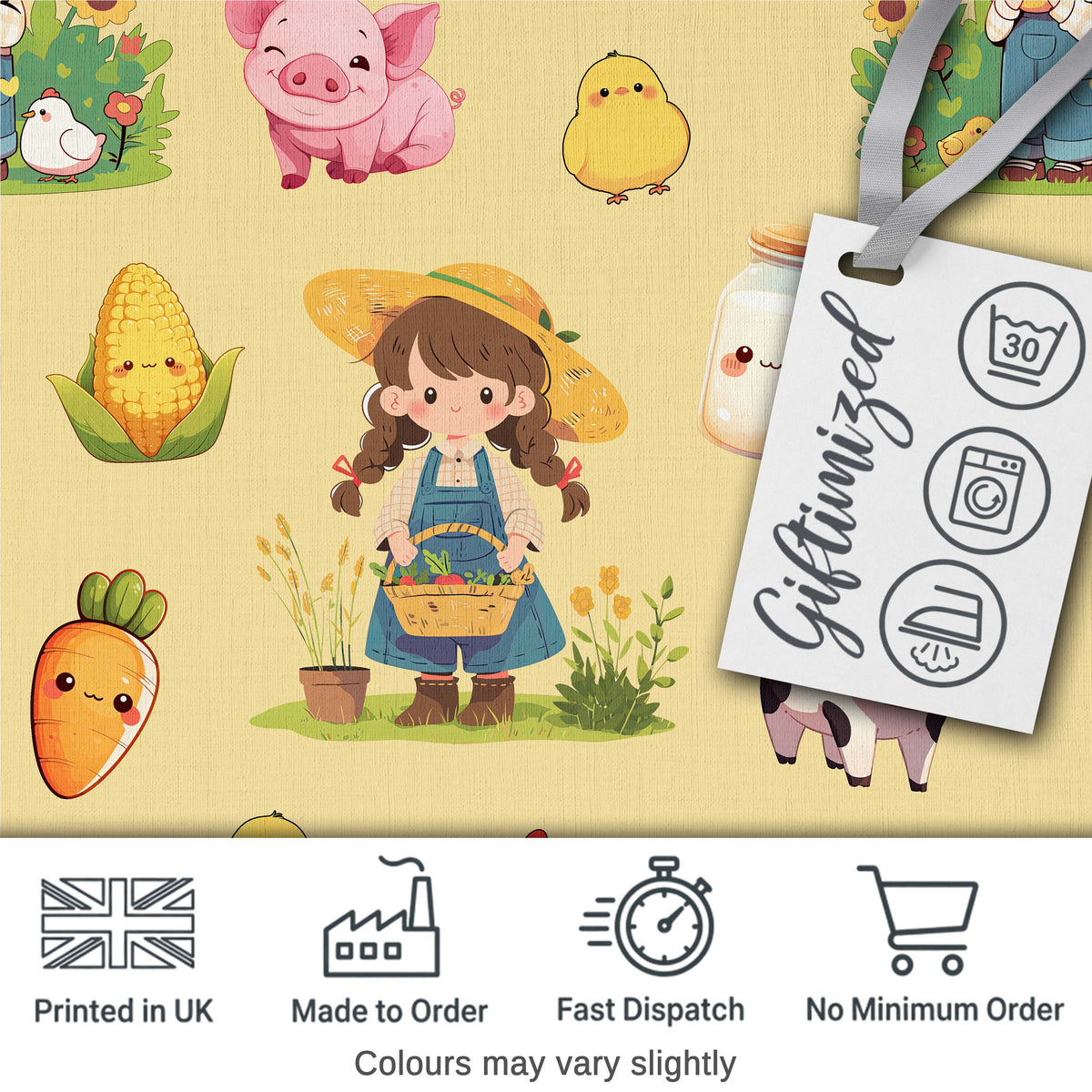 Cute Farm Girl Pig Cow Chicken Corn Milk Yellow Background Seamless Pattern Digital Print Fabric by the Metre UK Sewing Quilting Textile