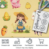 Cute Farm Girl Pig Cow Chicken Corn Milk Yellow Background Seamless Pattern Digital Print Fabric by the Metre UK Sewing Quilting Textile
