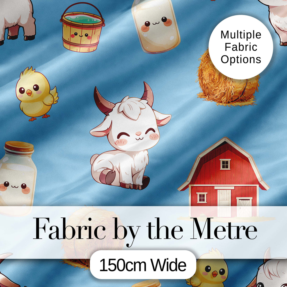 Cute Farm Goat Barn Hay Bale Chick Sky Blue Background Seamless Pattern Digital Print Fabric by the Metre UK Sewing Quilting Textile