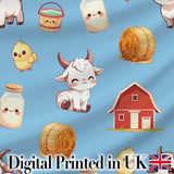 Cute Farm Goat Barn Hay Bale Chick Sky Blue Background Seamless Pattern Digital Print Fabric by the Metre UK Sewing Quilting Textile