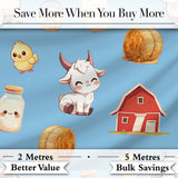 Cute Farm Goat Barn Hay Bale Chick Sky Blue Background Seamless Pattern Digital Print Fabric by the Metre UK Sewing Quilting Textile