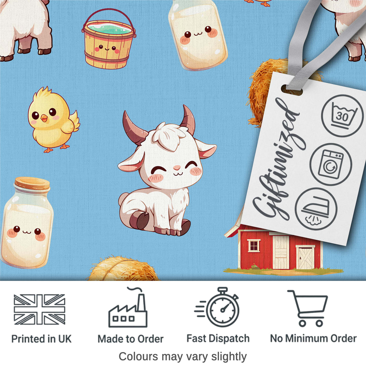 Cute Farm Goat Barn Hay Bale Chick Sky Blue Background Seamless Pattern Digital Print Fabric by the Metre UK Sewing Quilting Textile