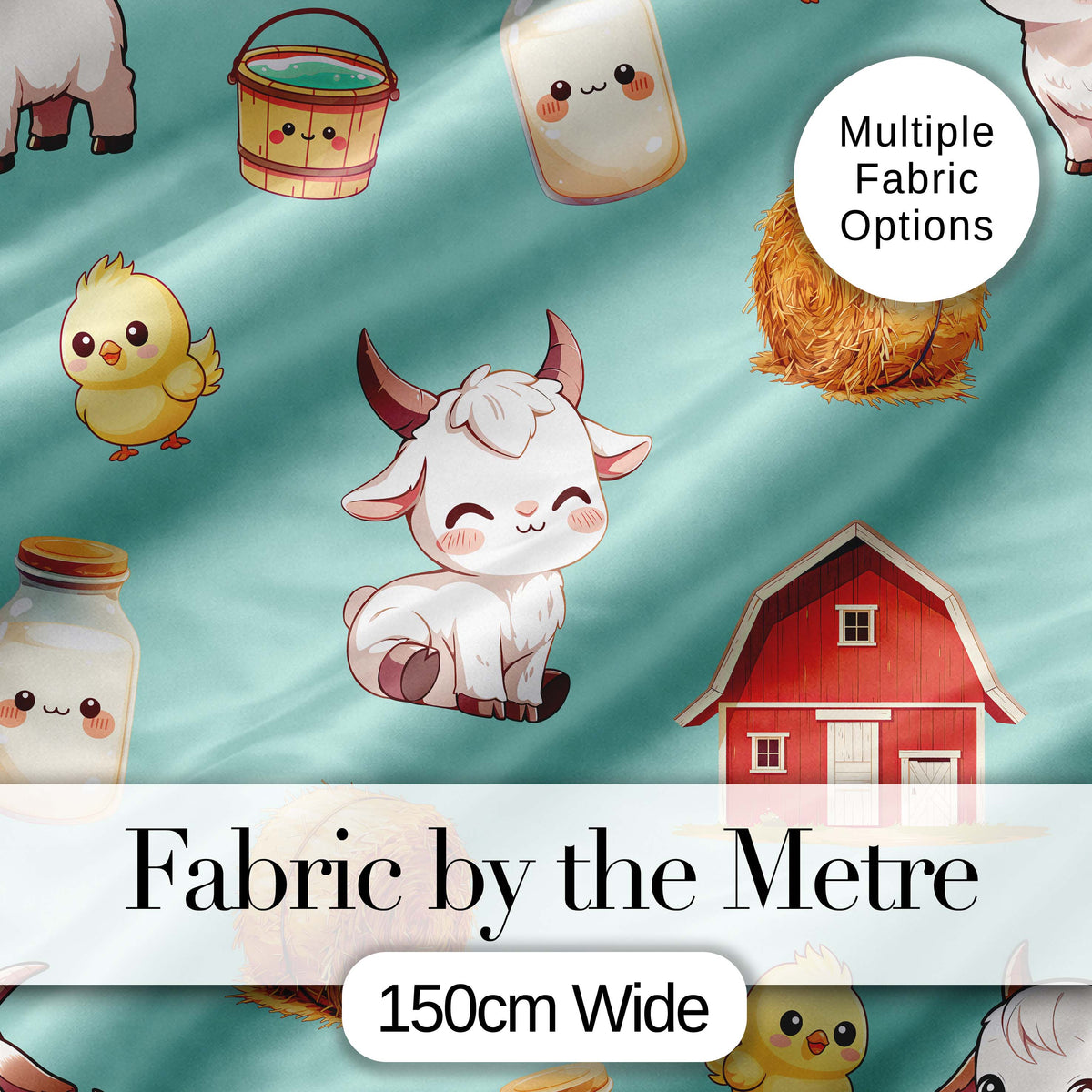 Cute Farm Goat Barn Hay Bale Chick Milk Bucket Teal Background Seamless Pattern Digital Print Fabric by the Metre UK Sewing Quilting Textile