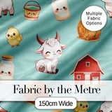 Cute Farm Goat Barn Hay Bale Chick Milk Bucket Teal Background Seamless Pattern Digital Print Fabric by the Metre UK Sewing Quilting Textile