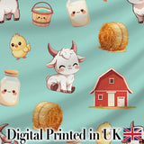 Cute Farm Goat Barn Hay Bale Chick Milk Bucket Teal Background Seamless Pattern Digital Print Fabric by the Metre UK Sewing Quilting Textile