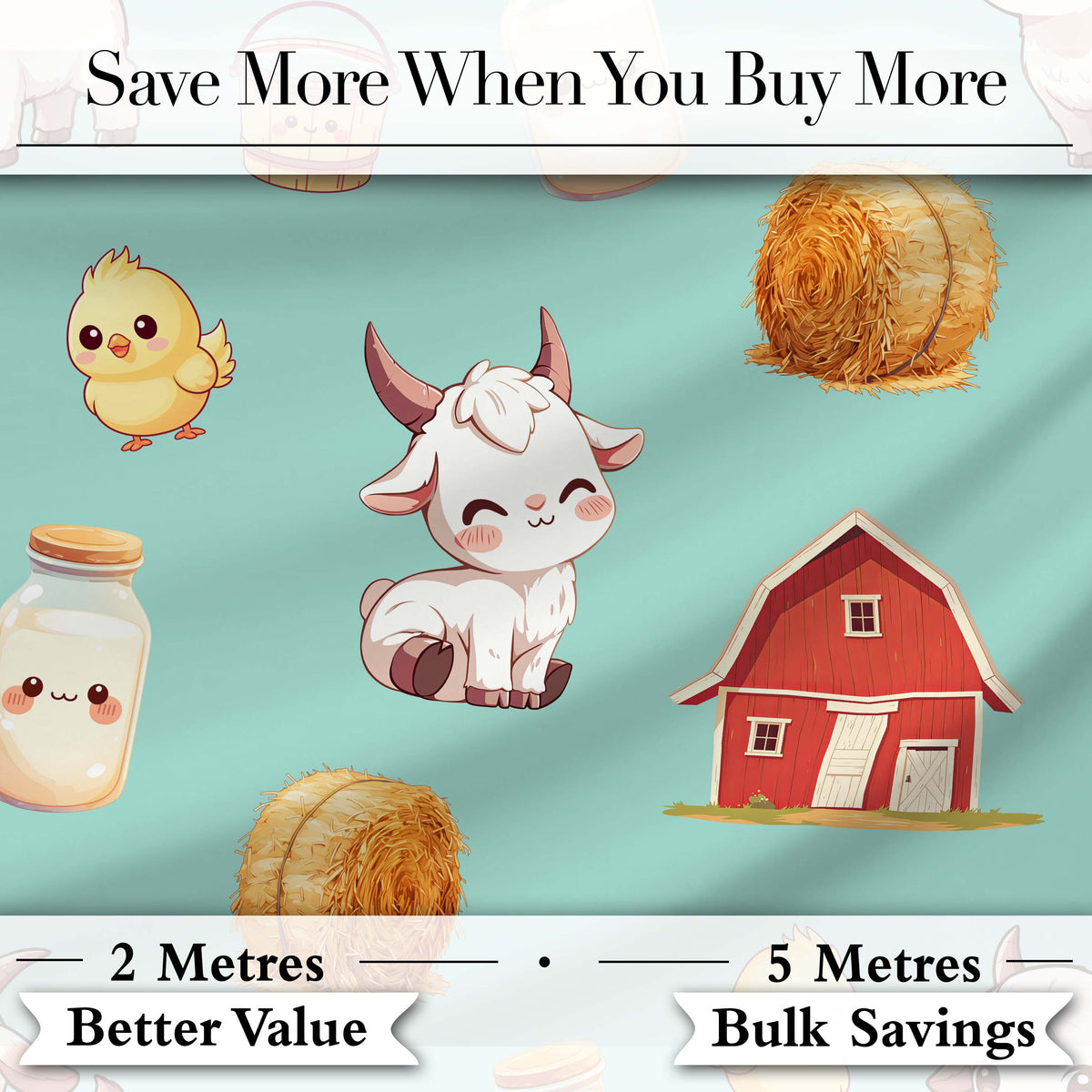 Cute Farm Goat Barn Hay Bale Chick Milk Bucket Teal Background Seamless Pattern Digital Print Fabric by the Metre UK Sewing Quilting Textile
