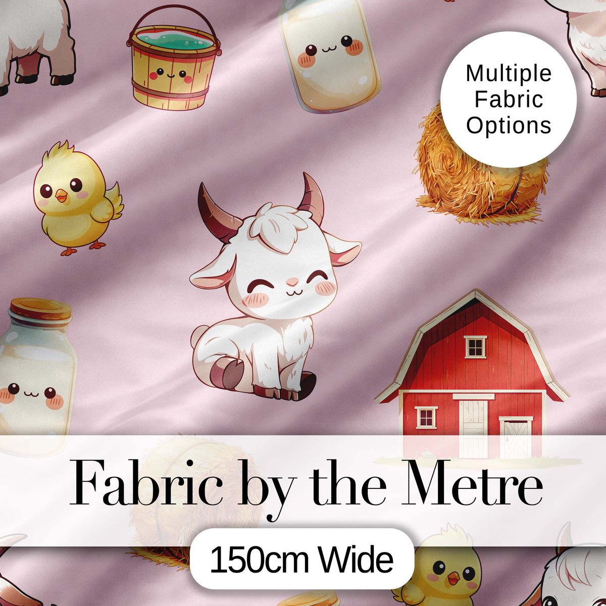 Cute Farm Goat Barn Hay Bale Chick Milk Bucket Pink Background Seamless Pattern Digital Print Fabric by the Metre UK Sewing Quilting Textile
