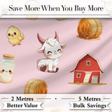 Cute Farm Goat Barn Hay Bale Chick Milk Bucket Pink Background Seamless Pattern Digital Print Fabric by the Metre UK Sewing Quilting Textile