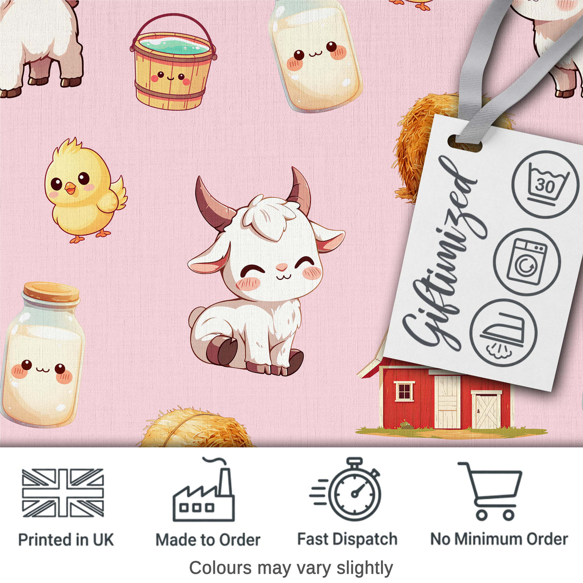 Cute Farm Goat Barn Hay Bale Chick Milk Bucket Pink Background Seamless Pattern Digital Print Fabric by the Metre UK Sewing Quilting Textile