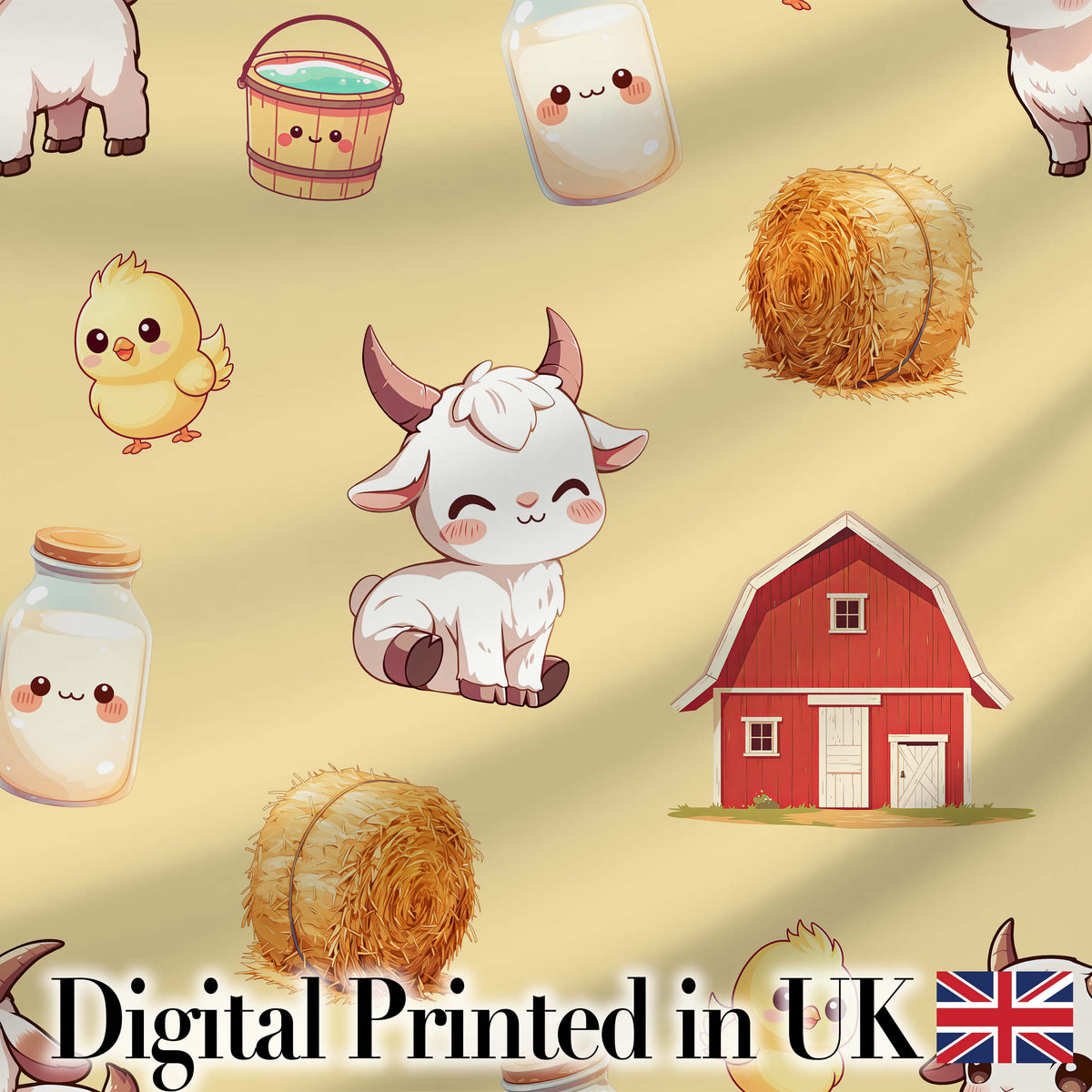 Cute Farm Goat Barn Hay Bale Chick Milk Bucket Yellow Background  Pattern Digital Print Fabric by the Metre UK Sewing Quilting Textile