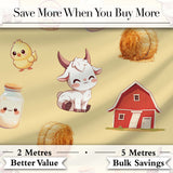 Cute Farm Goat Barn Hay Bale Chick Milk Bucket Yellow Background  Pattern Digital Print Fabric by the Metre UK Sewing Quilting Textile
