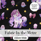 Cute Pastel Unicorn Butterfly Candy Stars Black Background Seamless Pattern Digital Print Fabric by the Metre UK Sewing Quilting Textile
