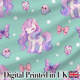 Cute Pastel Unicorn Butterfly Candy Stars Mint Background Seamless Pattern Digital Print Fabric by the Metre UK Sewing Quilting Textile