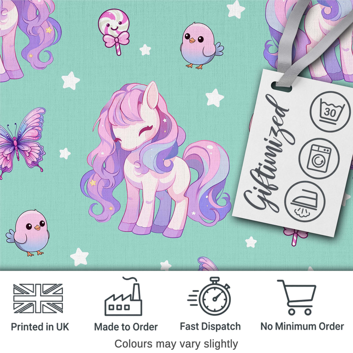 Cute Pastel Unicorn Butterfly Candy Stars Mint Background Seamless Pattern Digital Print Fabric by the Metre UK Sewing Quilting Textile