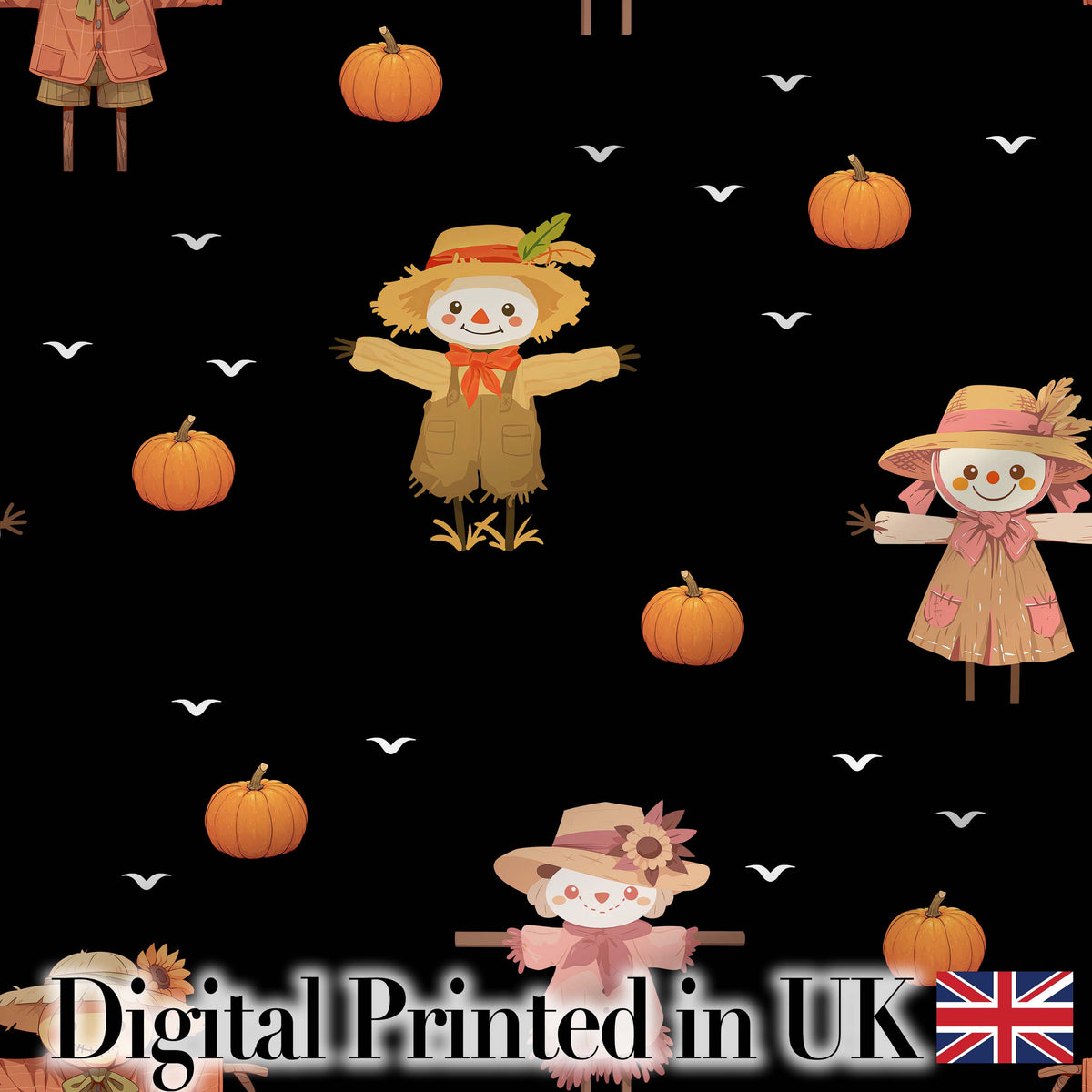 Cute Autumn Scarecrow Pumpkin Birds Seamless Pattern Black Background Digital Print Fabric by the Metre UK Sewing Quilting Textile