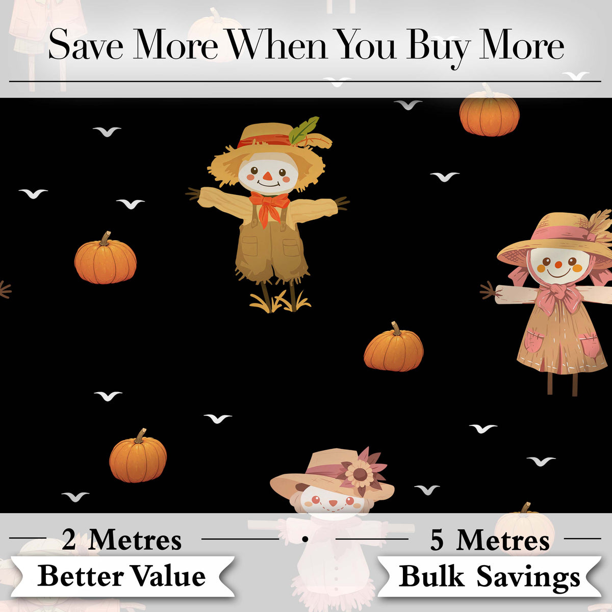 Cute Autumn Scarecrow Pumpkin Birds Seamless Pattern Black Background Digital Print Fabric by the Metre UK Sewing Quilting Textile