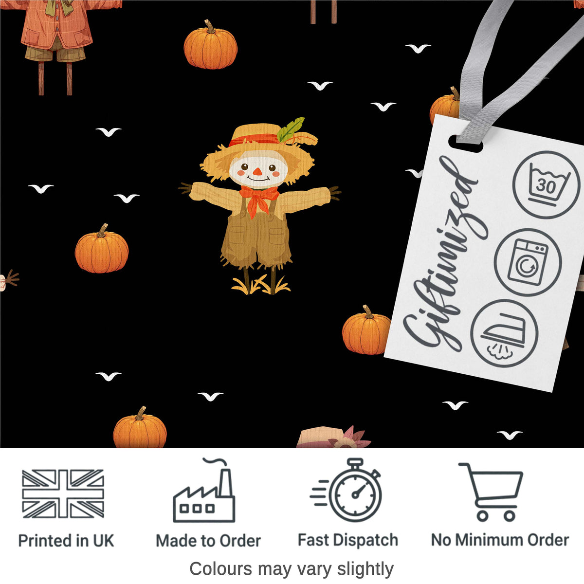 Cute Autumn Scarecrow Pumpkin Birds Seamless Pattern Black Background Digital Print Fabric by the Metre UK Sewing Quilting Textile